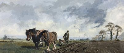 English School (20th century): Farmer Ploughing Fields with Two Horses