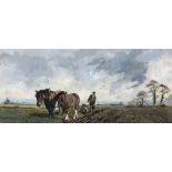 English School (20th century): Farmer Ploughing Fields with Two Horses