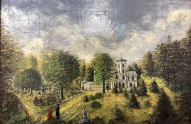 American School (19th century): Stately Home with Fashionable Figures