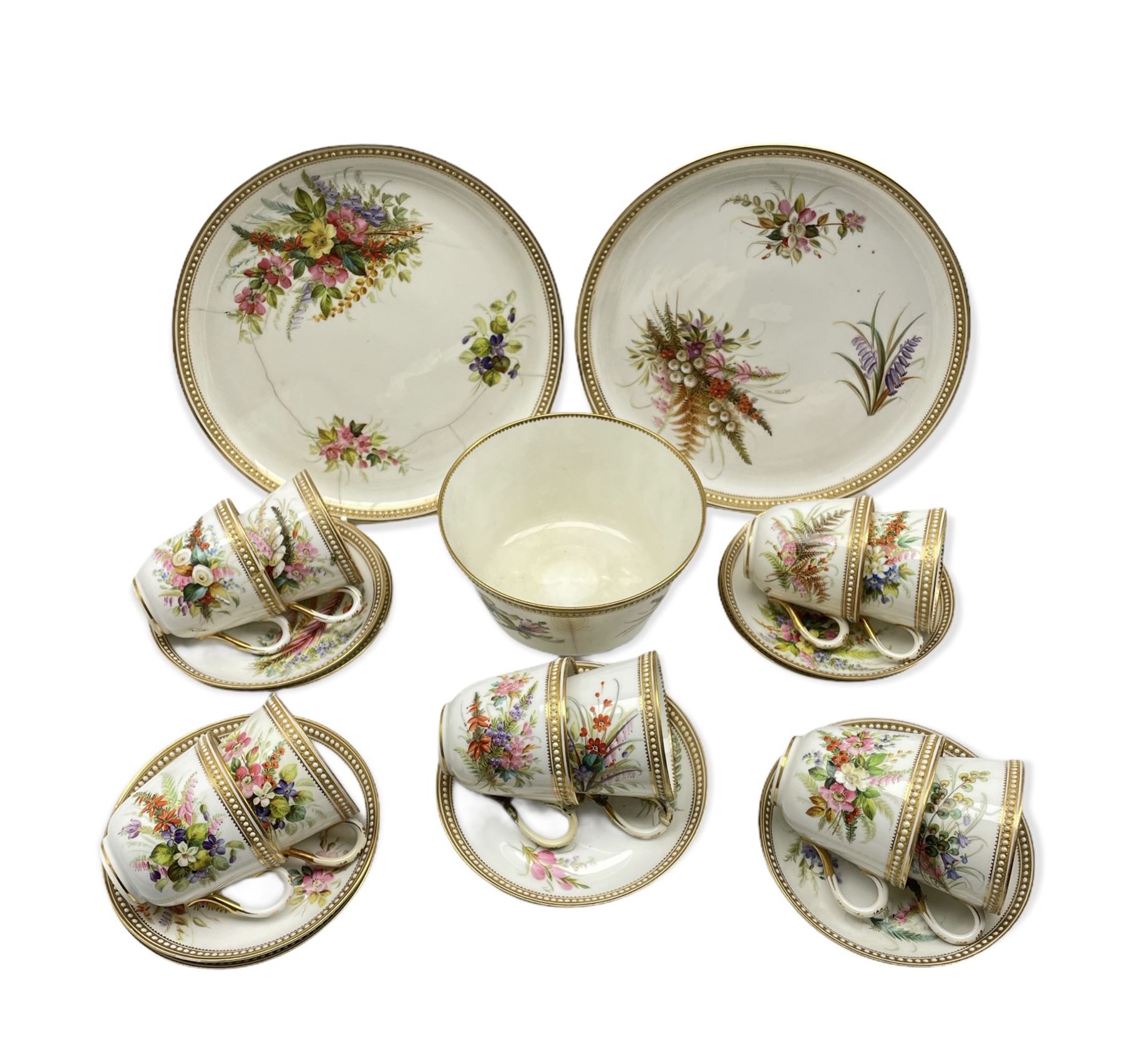 Victorian Worcester part tea set painted with sprays of leaves and flowers within a jewelled border