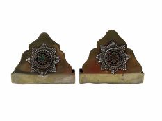 Pair of Irish Guards menu holders with silver and enamel badges