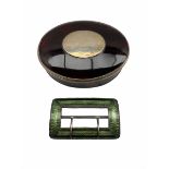 Silver and green enamel buckle London 1911 and an early 19th century oval tortoiseshell box and cove