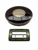 Silver and green enamel buckle London 1911 and an early 19th century oval tortoiseshell box and cove