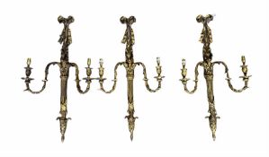 Three Georgian design gilt two branch wall lights with tied bow finials H75cm to match the previous