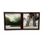 Pair of Chinese porcelain plaques hand painted with a mountainous landscape and forest setting