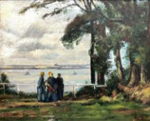 English School (20th century): Three Figures by a Lake