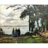 English School (20th century): Three Figures by a Lake