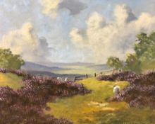 Lewis Creighton (British 1918-1996): Sheep Grazing in a Heather Moorland Landscape