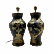 Pair of Oriental design black lacquer baluster table lamps with gilt decoration H46cm excluding fitt