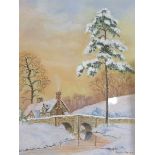 Freda Spence (British 20th century): Winter Landscape with Bridge