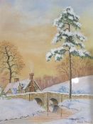 Freda Spence (British 20th century): Winter Landscape with Bridge