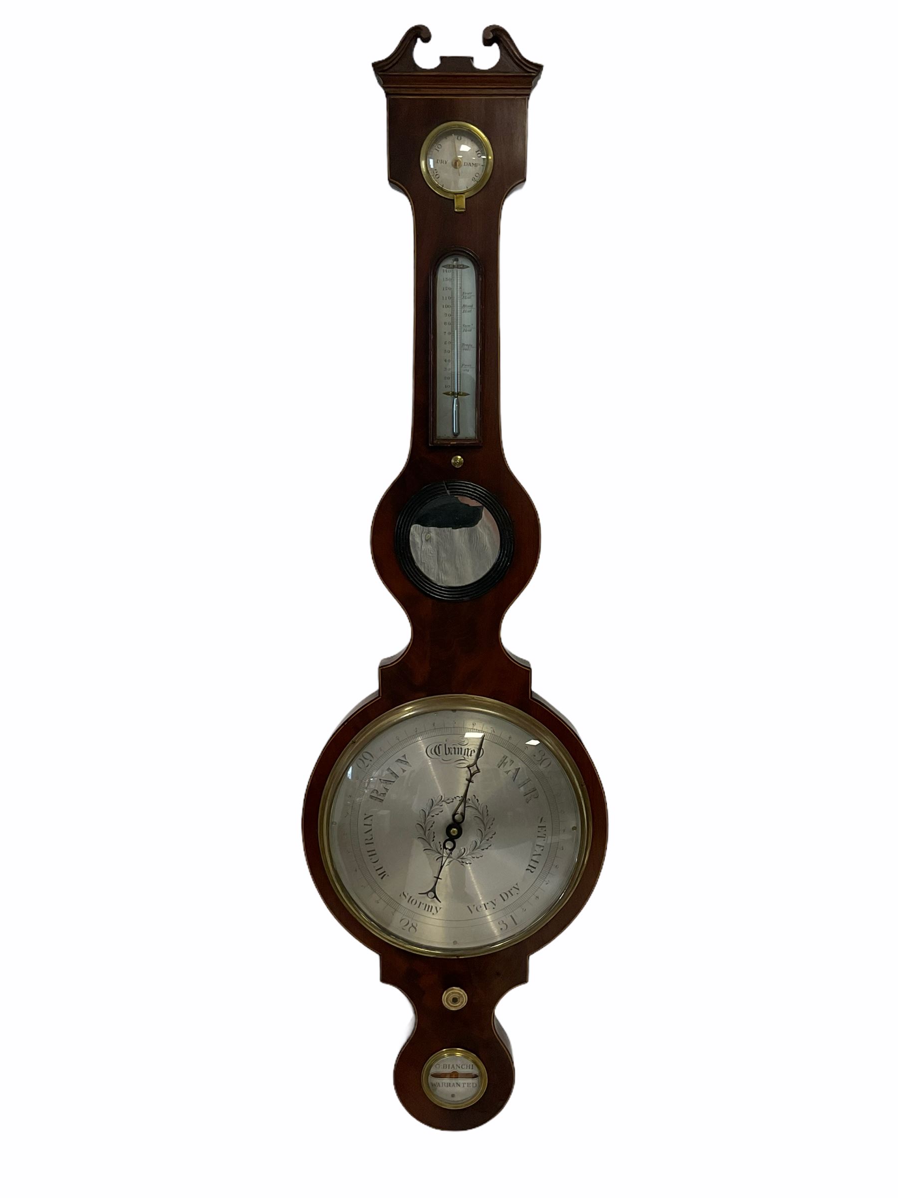 A Victorian mahogany five dial mercury wheel barometer with satinwood stringing to the edge