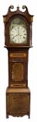 Mid-19th century oak and mahogany longcase clock with a swan neck pediment and brass patera with a s