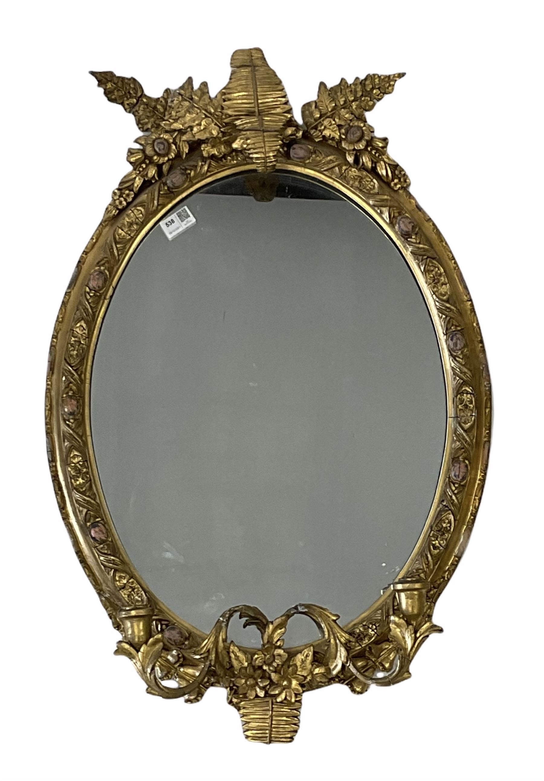 19th century giltwood and gesso girandole oval wall mirror