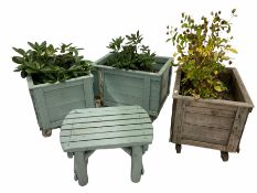 Three panelled pine planters (W84cm) and a similar table/plant stand (73cm)