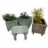 Three panelled pine planters (W84cm) and a similar table/plant stand (73cm)