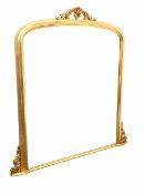 Large gilt framed over mantel mirror with scrolled acanthus leaf pediment 125cm x 133cm