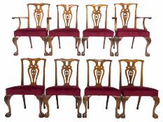 Set eight (6+2) Chippendale style walnut dining chairs