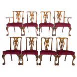 Set eight (6+2) Chippendale style walnut dining chairs