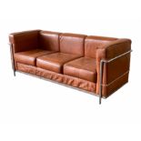 After Le Corbusier - 'LC2' design 20th century three seat sofa with chrome frame and brown leather u