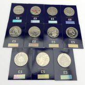 Eleven Queen Elizabeth II United Kingdom five pound coins