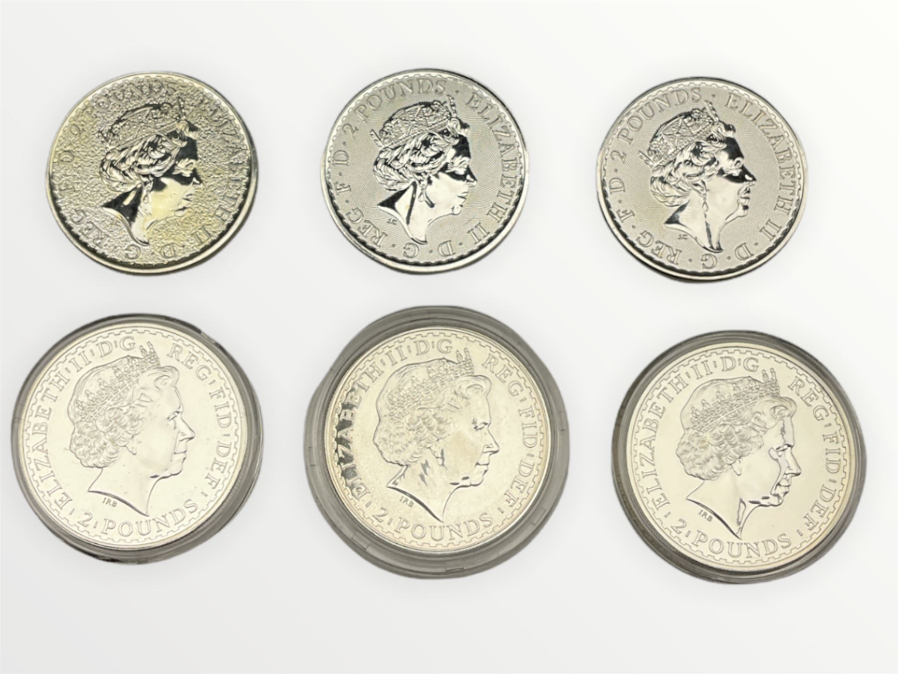 Six United Kingdom one ounce fine silver Britannia two pound coins