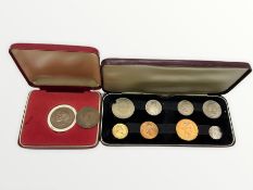 King George VI 1950 and 1951 pennies and a Queen Elizabeth II 1966 specimen coin set