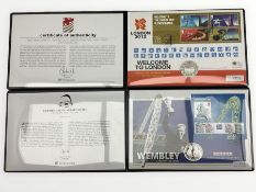 Wembley coin first day cover containing a Gibraltar 2006 silver five pounds coin and a Welcome to Lo