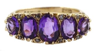 9ct gold five stone oval amethyst and diamond chip ring