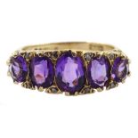 9ct gold five stone oval amethyst and diamond chip ring