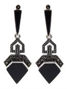 Pair of silver onyx and marcasite pendant stud earrings