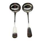 Pair of Victorian silver fiddle pattern sauce ladles engraved with a monogram London 1858 Maker Eman