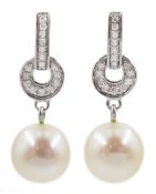 Pair of 9ct white gold diamond and pearl pendant stud earrings