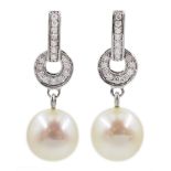 Pair of 9ct white gold diamond and pearl pendant stud earrings