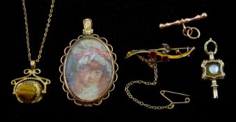 Early 20th century gold stone set brooch and gold picture pendant