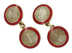 Pair of 9ct gold red enamel cufflinks with engine turned decoration by Deakin & Francis