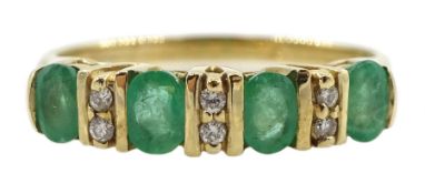 9ct gold four stone oval emerald and six stone diamond ring