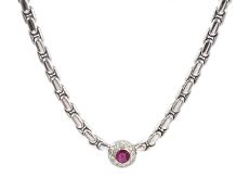 18ct white gold round ruby and diamond cluster necklace