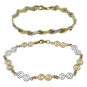 White and yellow gold swirl design link bracelet and one other gold link bracelet