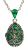 Silver green plique-a-jour and marcasite locket pendant necklace