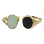Gold bloodstone signet ring and a gold oval cabochon jade ring