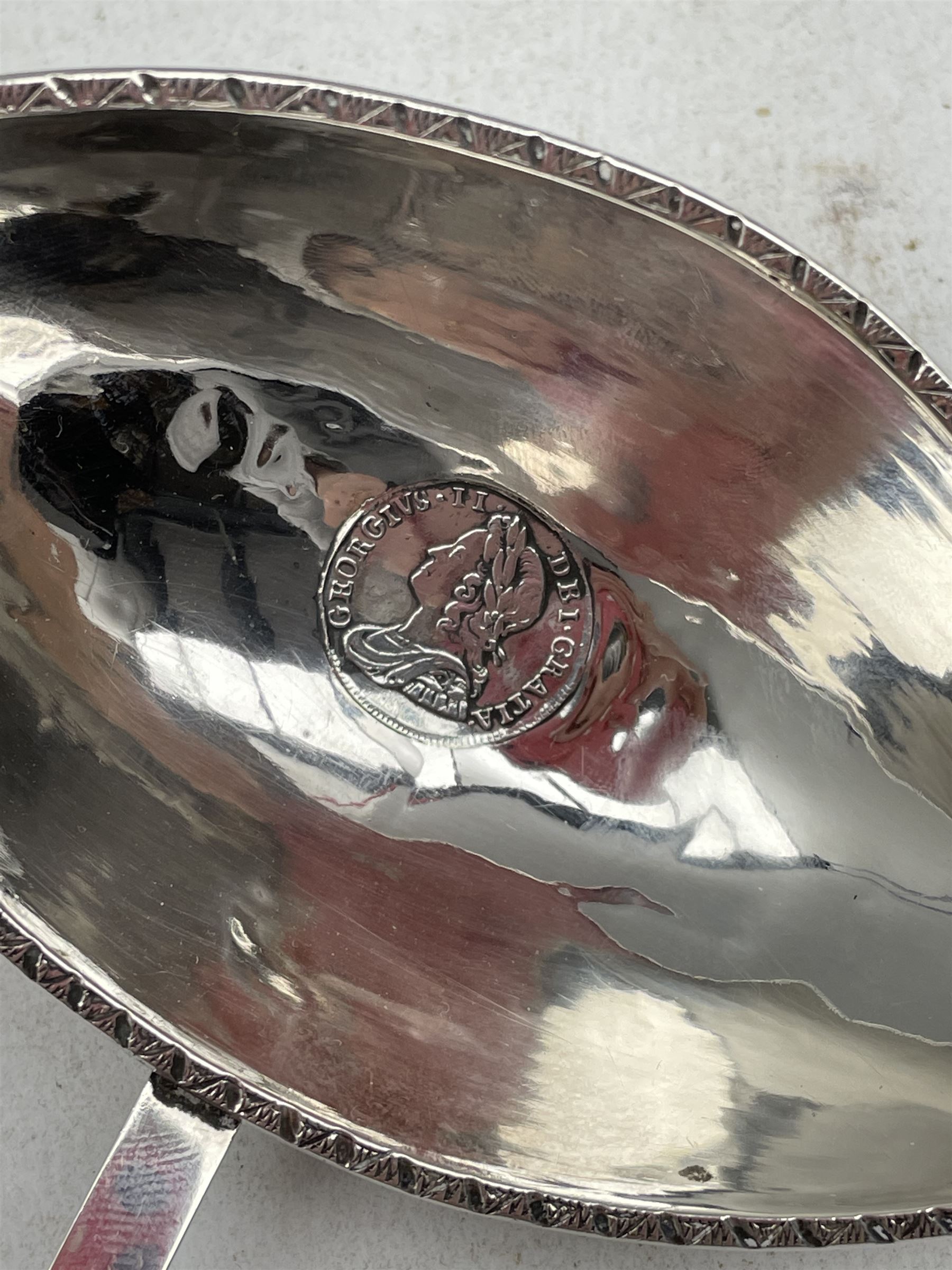 Georgian silver punch ladle with oval bowl inset with a George II maundy threepence coin 1746 on twi - Image 2 of 3