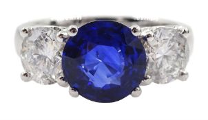 18ct white gold three stone fine 'Kashmir colour' round sapphire and diamond ring