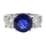 18ct white gold three stone fine 'Kashmir colour' round sapphire and diamond ring