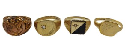 Gold black onyx and diamond chip signet ring and three other signet rings
