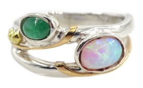 Silver and 14ct gold wire opal and emerald ring