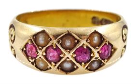 Victorian 15ct gold ruby and split pearl gypsy set ring
