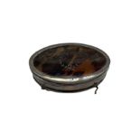 Silver oval dressing table box with tortoiseshell cover and pique decoration