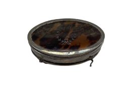 Silver oval dressing table box with tortoiseshell cover and pique decoration