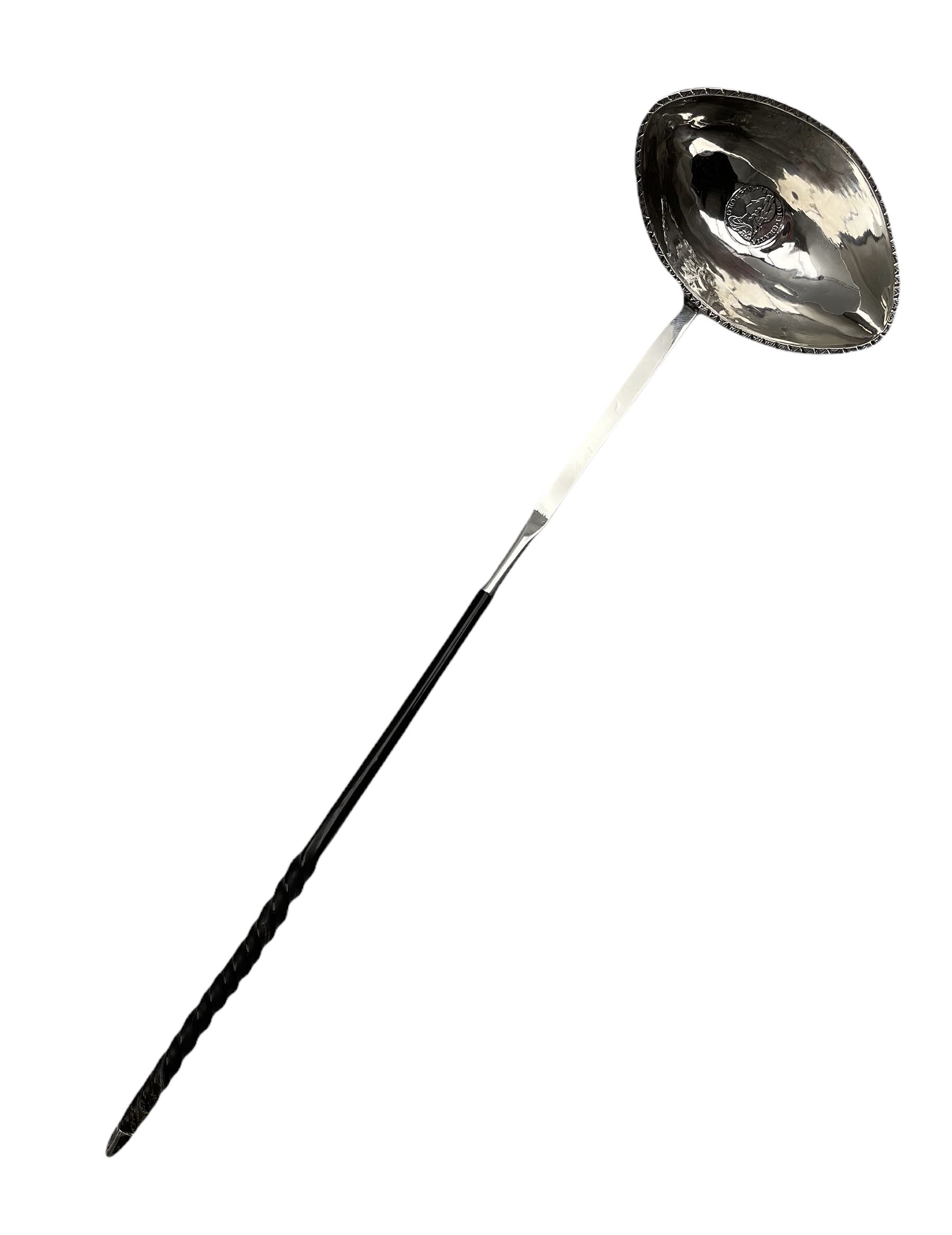 Georgian silver punch ladle with oval bowl inset with a George II maundy threepence coin 1746 on twi